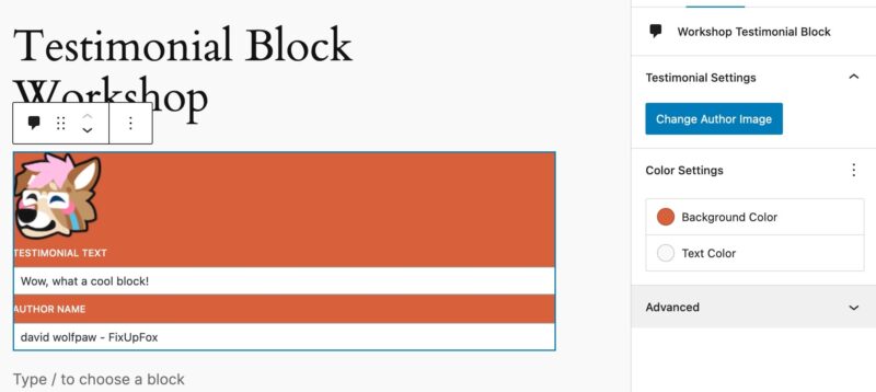a screenshot of the testimonial block backend, showing custom colors set
